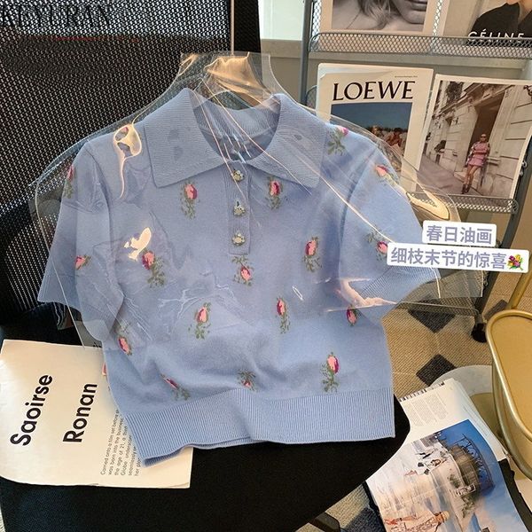 

women's t-shirt summer blue floral jacquard knit sweater women t-shirts vintage short sleeve round neck pullover knitwear crop y2k tee, White