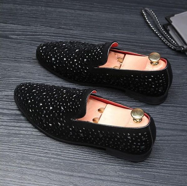

men flat leather shoes rhinestone fashion mens loafers dress shoes slip on casual diamond pointed toe, Black