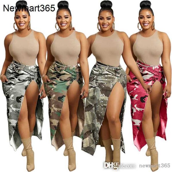 

2023 summer denim dress women designer clothing new casual camouflage printing large pocket split mid-length skirt, Blue