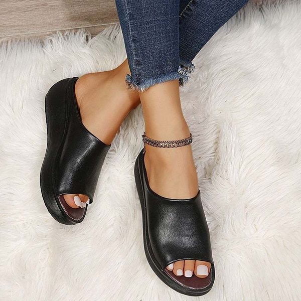 

sandals women sandals casual shoes platform wedges thick heel open peep toe sandalias pu leather summer sapatos femininos zapatos mujer 2304, Black