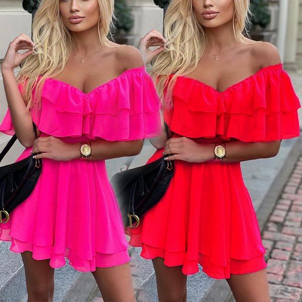 

dresses bkld sukienki kobieta nocna impreza klub lato 2020 nowe seksowne falbany off the shoulder vline mini sukienka solidna neonowa suk, Black;gray