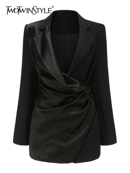 

pants twotwinstyle ruched solid blazer for women notched collar long sleeve minimalist blazers female spring fashion clothes style new, White