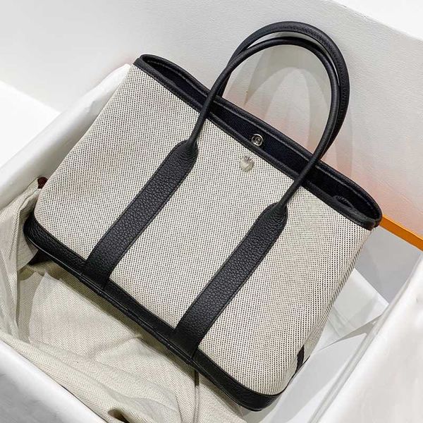 

garden party designer totes new genuine leather bag canvas handbag color contrast large capacity tote bag mother bag shopping bag women&#039