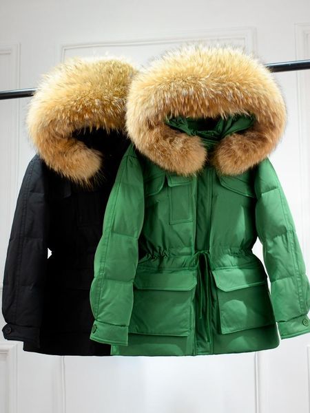

fur janveny huge real raccoon fur hooded women's short puffer jacket 2022 winter 90% feather duck down coat female waterproof parkas, Black