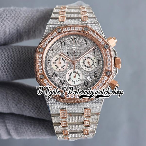 

sf sf26473 japan miyota quartz chronograph movement mens watch rose gold bezel iced out diamond dial arabic markers two tone diamonds bracel, Slivery;brown