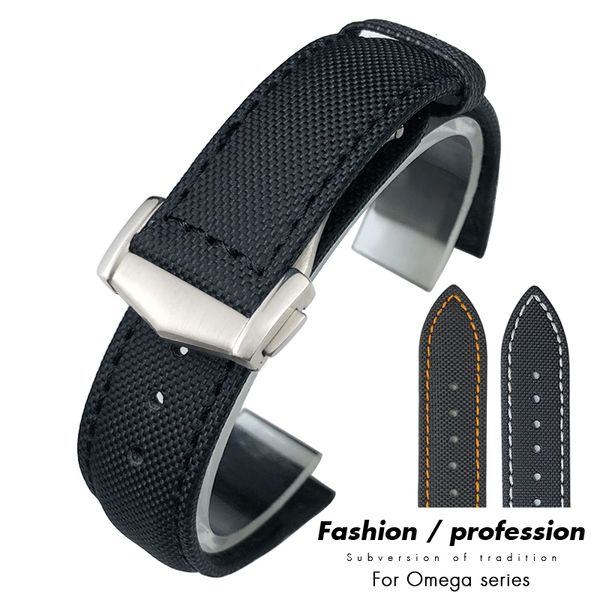 

watch bands 19mm 20mm 21mm 22mm nylon band for omega 300 fabric leather canvas strap 230426, Black;brown