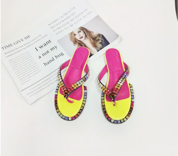 

rhinestone flip flops plus size 35-42 fashion summer sandals flat heel genuine leather lady slides shoes, Black