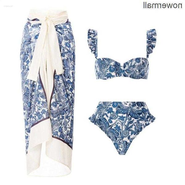 

designer bikini womens swimwear designer 2023 women blueandwhite porcelain print bikini set skirt cover up lace swimsuit beach, Black