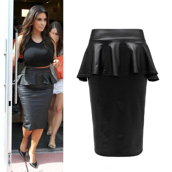 

dresses 2015 summer ladies womens bodycon plus size black faux leather ruffles midi peplum pencil skirt smart office skirts saias lapis, White;black