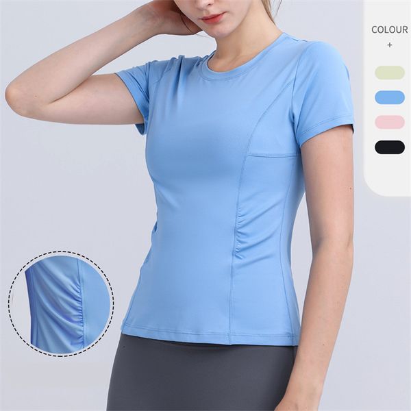 

lulu women yoga t-shirt summer tee round co ar short sleeve elastic breathable sports woman fitness solid color lady