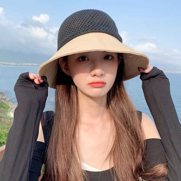 

wide brim hats summer bow decor mesh dome bucket hat for women anti uv sun hats folding outdoor beach caps patchwork panama cap female aa230, Blue;gray