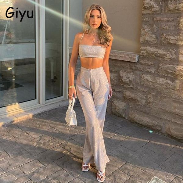 

pants giyu mode glitter tweedelige set vrouwen club party crop broek sets zomer casual spaghetti strap backless slim outfits, White