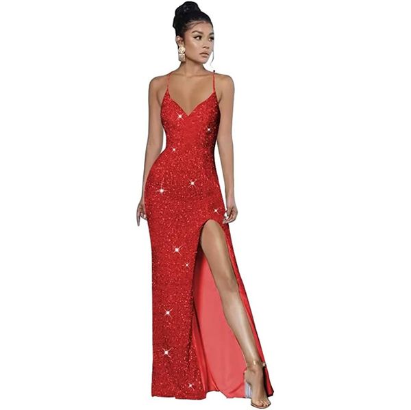 

custom color shoulder strap sequin prom dress v-neck mermaid formal evening dress with split shiny party dress lo2040, Black;red