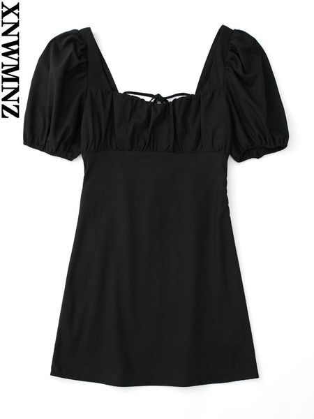 

dresses xnwmnz 2022 summer women fashion linen blended dress retro square neck puff sleeves back cross lace female chic short skirt, Black;gray