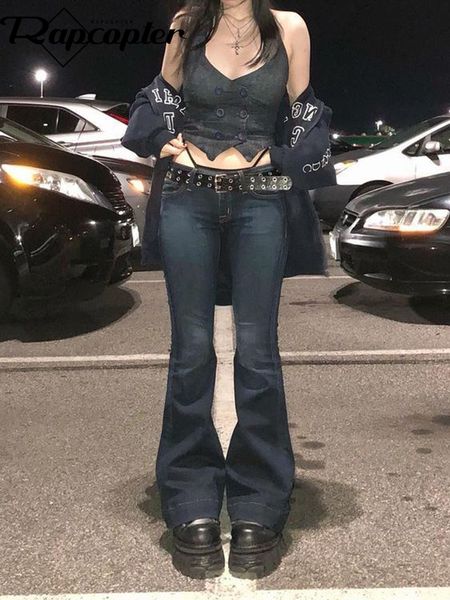 

women's jeans rapcopter y2k suar celana panjang imut pinggang rendah pakaian jalan estetika kargo kasual wanita tekanan korea 230426, Blue