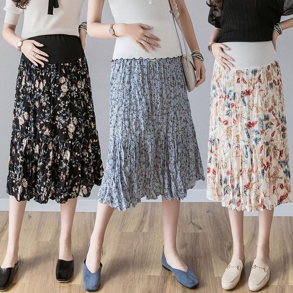 

lounge floral chiffon pleated maternity skirts adjustable belly skirts clothes for pregnant women summer vestidos pregnancy clothing, White