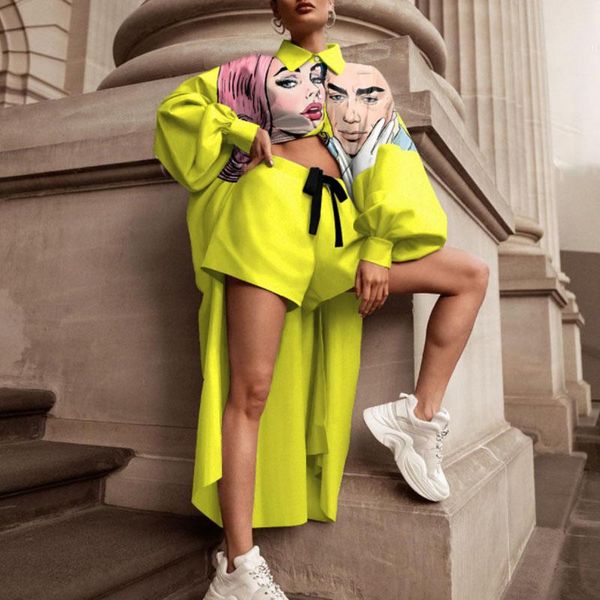 

dress cartoon print 2 piece sets tracksuit women autumn long blouse shirt drawstring shorts suit sweatpants outfits streetwear, White