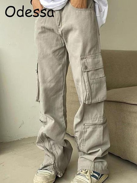 

capris odessa vintage cargo pants women's low waist jeans streetwear pockets straight wide leg trousers 2022 denim overalls oversized, Black;white