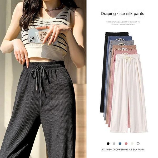 

capris ice silkpantalones de pierna ancha para mujer pantalones largos rectos de punto fino 2022 de cintura alta drapeados coreanos, Black;white