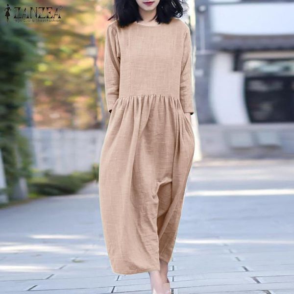 

dresses zanzea vintage women dress autumn 3/4 sleeve solid casual midcalf sundress retro loose cotton vestidos robe femme oversized, Black;gray