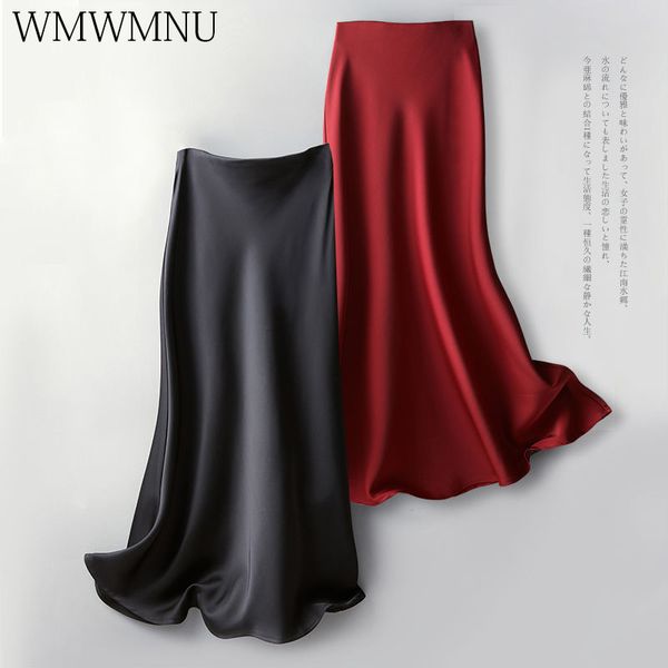 

skirts smooth satin elegant casual skirt women vintage korean fashion solid jupe fishtail high waist summer falda mujer 230426, Black
