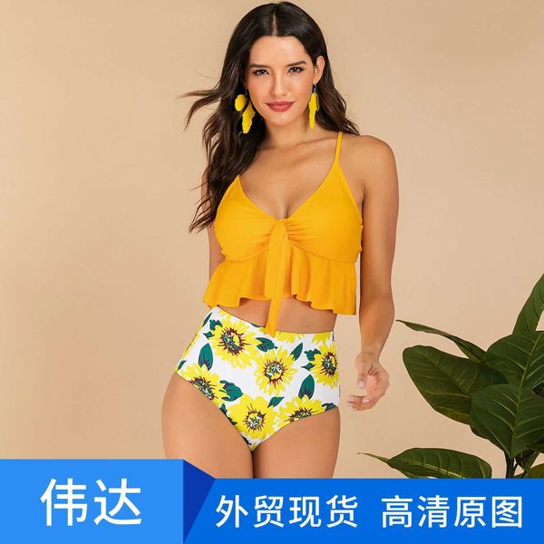 

printed 2022 split women's swimwear ruffled high waist swimwear printed bikini