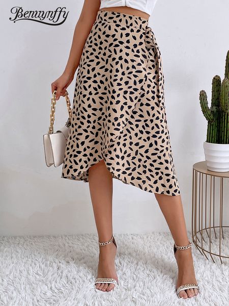 

skirts benuynffy boho women casual print tie side wrap skirt elegant high waist female summer asymmetrical knee length a-line skirts 230427, Black