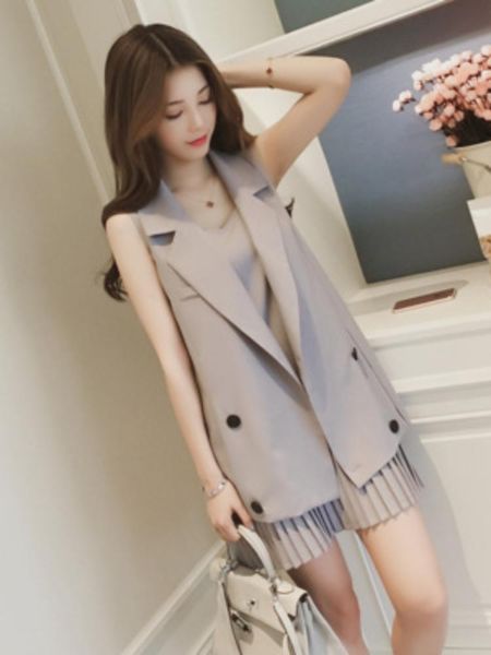 

dress spring and summer medium long suit vest coat+pleated suspender dress fashion suit women's leisure twopiece set two piece dress, White