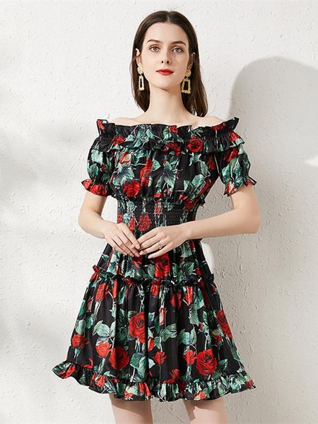 

dresses new 2022 summer off shoulder beach rose flower dresses women's bohemian floral print ruffles elastic waist short black vestido, Black;gray