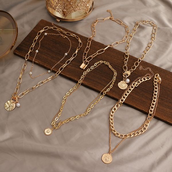 

strands strings zovoli vintage multi layered lock portrait pearl round coin pendants necklaces for women bohemia gold color key heart jewelr, Black