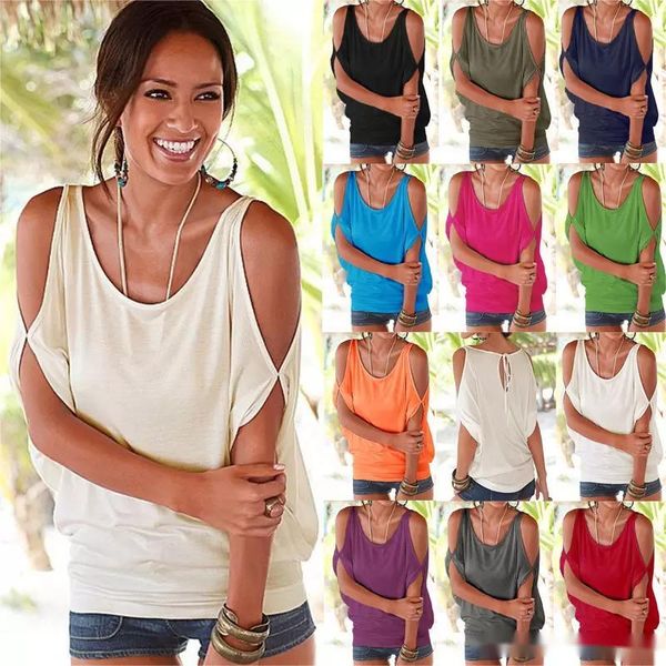 

summer women short sleeved casual tshirts loose candy color batwing short sleeved open cold shoulder fashion clothing tees, White