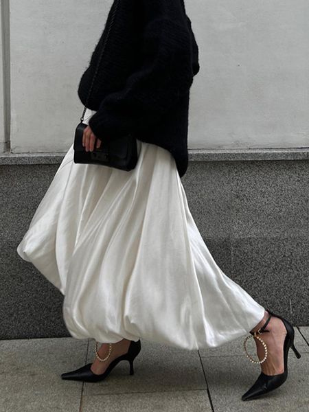 

skirts 2023 spring summer women satin high waist aline drape skirt fashion elegant solid color zipper simple french tutu 230426, Black