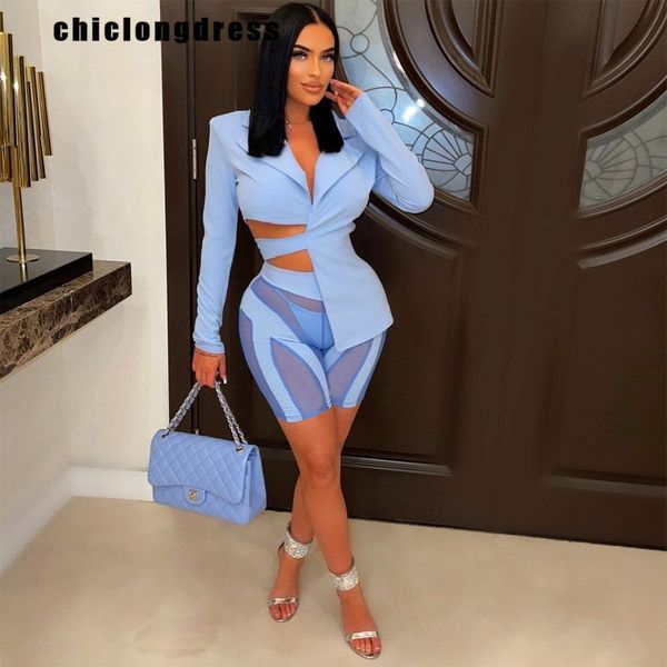 

dress autumn mesh two piece set women fashion nightclub style hollow laceup mesh shorts two piece suit women, White