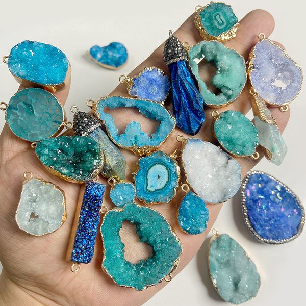 

pendant necklaces 1pc natural blue druzy stone pendant connecter metal mineral specimen crystal agates slice pendant charm geode rough for j, Silver