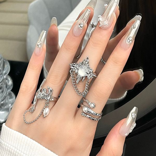 

unique engagement rings rings for women couple rings moonstone opening niche design irregular ruffled senior sense pearl chain ins promise r, Silver