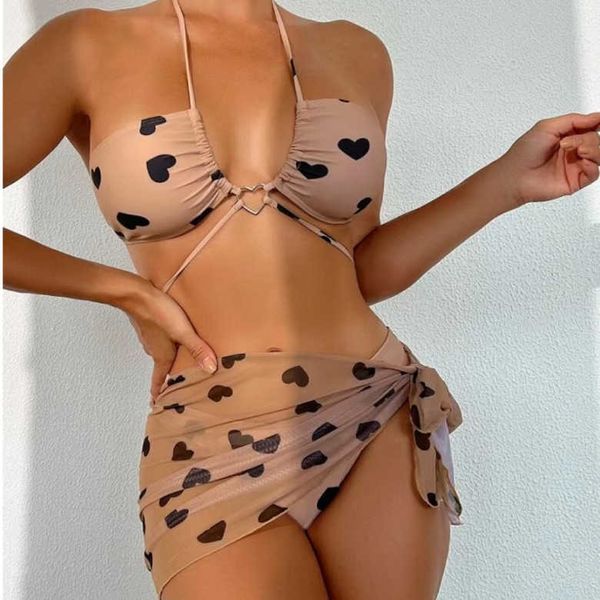 

printed bikini love three piece set with cover skirt hanging neck small chest split swimwear beach spicy girl swimwear bikini