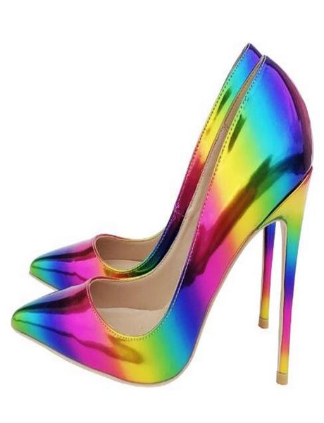 

new style luxury women rainbow shoe pointed toes super high heels fashion slim heel shallow mouth gradient dress shoes girl single1807317, Black