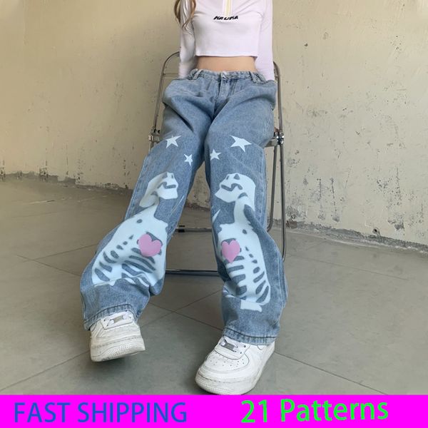 

women's jeans celana lurus denim saku gambar cetak kartun wanita tengkorak panjang jalanan gotik biru muda pakaian mode korea halloween, Blue