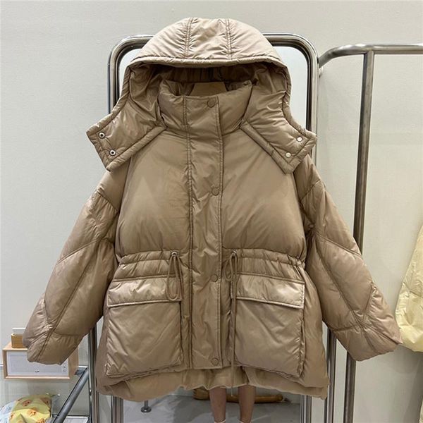 

parkas winter women drawstring waist hooded winter down parkas jacket stand collar long sleeve casual beige khaki black short outerwear