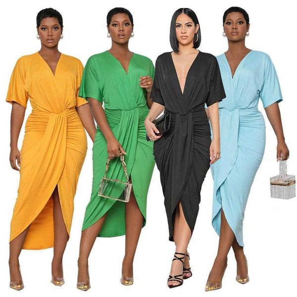 

9730 v neck solid casual dresses color pleating asymmetrical split summer, Black;gray
