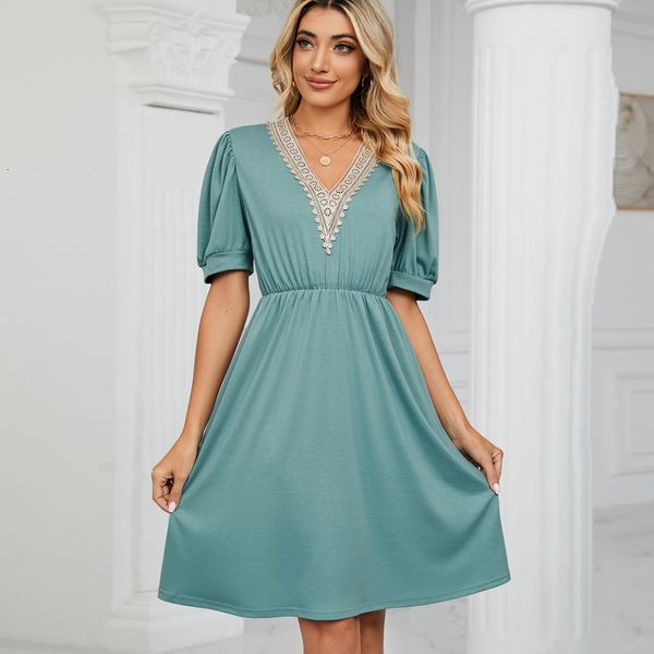 

casual dresses for women 2023 summer chic and elegant loose dress solid color lace vneck short sleeve lady clothing vestido 230426, Black;gray
