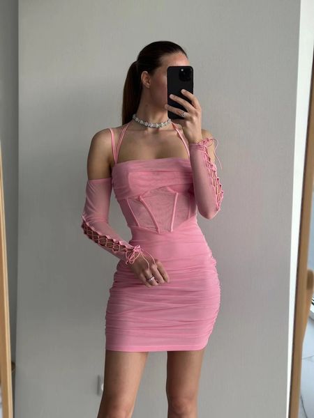 

casual dresses mingmingxi elegant off the shoulder mesh dress halter boning bodycon birthday party pink summer dresse 230426, Black;gray