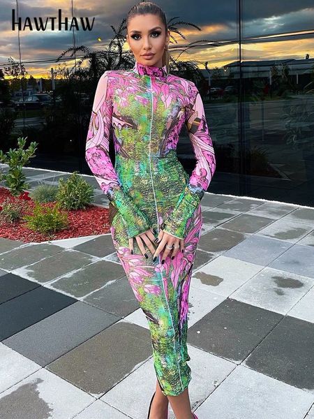 

two piece dress hawflaw wanita 2023 musim panas gugur busana lengan panjang bodycon streetwear bunga dicetak midi gaun grosir item untuk bis, White