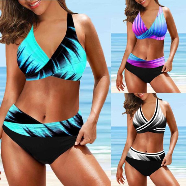 

bikini colorful split print cross gather beach swimwear