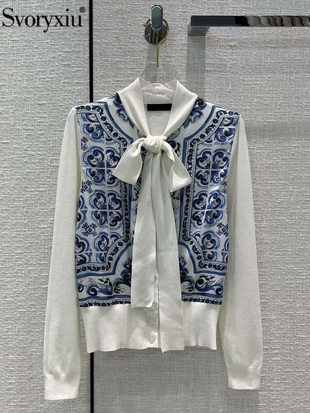 

sweaters svoryxiu fashion autumn blue and white porcelain print knitting cardigan sweater women's scarf collar button elastic sweater, White;black