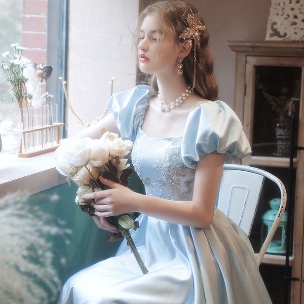 

elegant blue cocktail dresses square neck puff sleeves satin appliques a-line long formal evening banquets party prom gowns 2023, Black