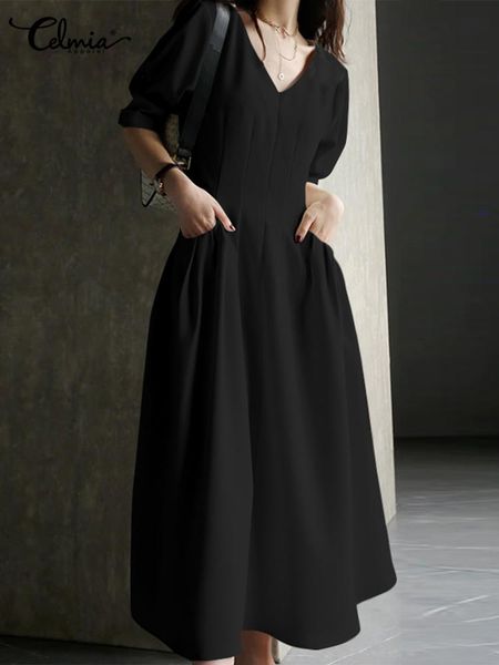 

dresses celmia elegant pleated midi dresses women puff half sleeve holiday long dress summer casual vneck waisted party vestidos mujer, Black;gray