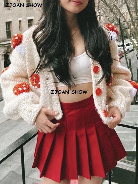 

sweaters 2022 retro hand made crochet 3d mushroom ball cardigan vintage woman v neck long sleeve purple knitting sweater knitwear jumper, White;black
