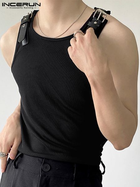 

men' tank incerun korean style men' leather shoulder waistcoat fashion casual male solid all-match knitted vests -5xl 230426, White;black