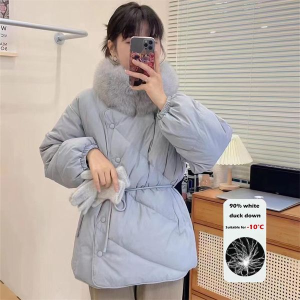 

parkas heydress 2022 women winter coats real fur collar solid elegant parkas female 90%white duck down coats korean slim warm coats, Black